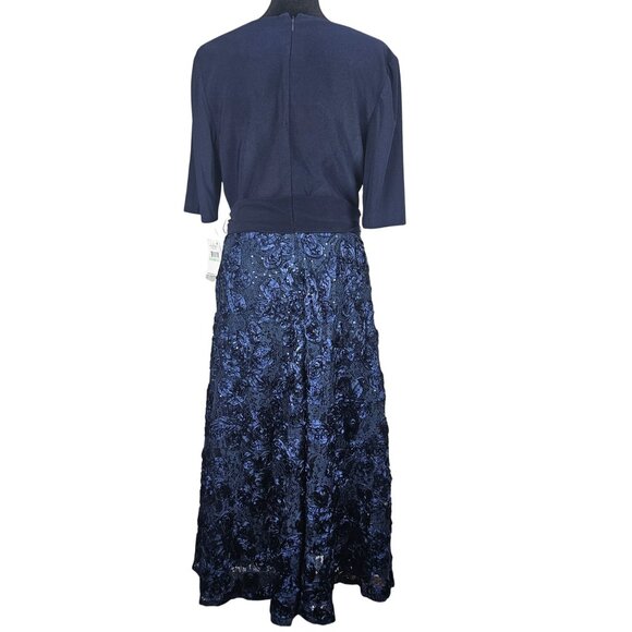 Alex Evenings Navy Tea-Length Soutache Sequined Dress Tie Belt Size 8 Party - Picture 4 of 11